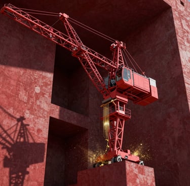 A dramatic 3D digital rendering of a powerful industrial crane slicing through a dark crimson concrete structure, sharp volumetric lighting, deep charcoal shadows, gold metallic dust floating in the air, high-end architectural visualization style, set in the United Kingdom.