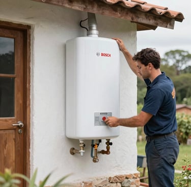 Technician performing a home visit for Bosch appliance maintenance in Usaquén