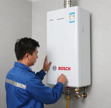 Technician repairing a Bosch gas stove in a cozy Bogotá kitchen