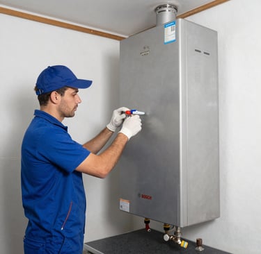 Bosch gas appliance parts neatly arranged on a workbench