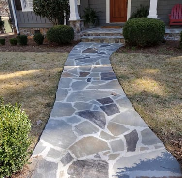 flagstone walkway winding thru the lawn
