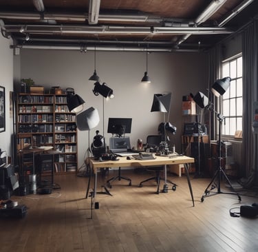 A creative workspace with film equipment and a laptop displaying a contact form.
