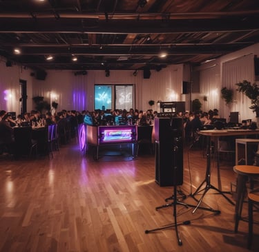 DJ performing energetically at a lively party with colorful lights