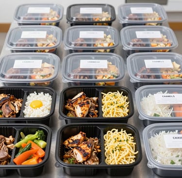 An overhead shot of a weekly meal plan layout featuring diverse dishes arranged neatly on a table.