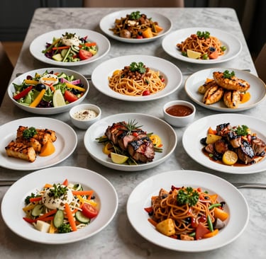 An array of meal options displayed neatly, showcasing variety from economical to customized dishes.