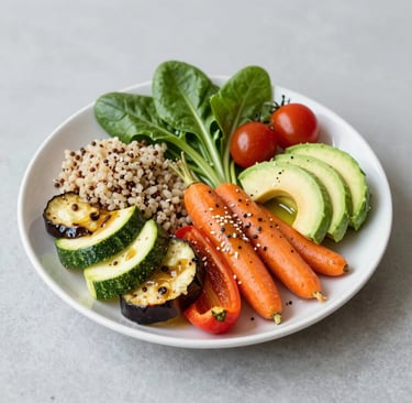 A close-up shot of a freshly prepared, colorful meal tray showcasing a balanced portion of protein, vegetables, and grains.