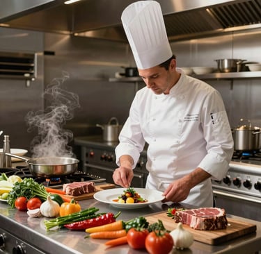 Professional chef carefully plating a nutritious meal in a spotless kitchen environment.