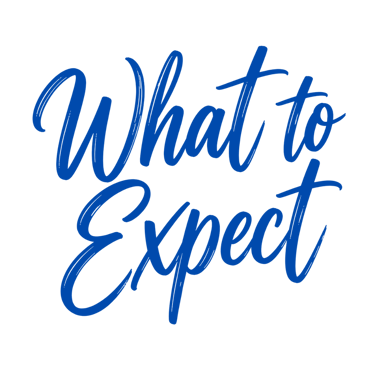 Handwritten blue brush script text reading “What to Expect” in a stacked two-line layout on a clean transparent background.