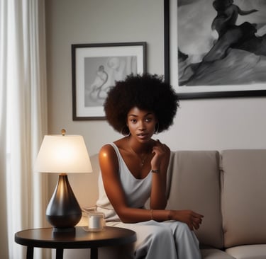 A warm-lit modern lamp on a wooden side table beside a comfy armchair with neutral-toned cushions.