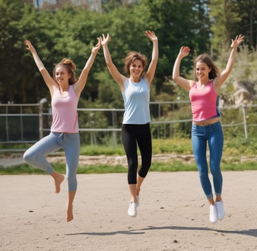 A vibrant scene of a woman stretching outdoors in colorful workout gear, surrounded by fitness accessories.