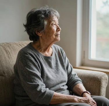 A woman sitting on a sofa, looking thoughtfully out the window, bathed in soft natural light.
