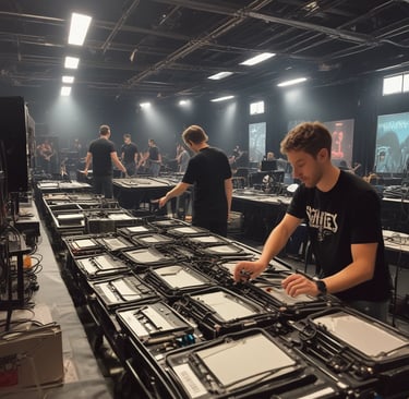 Technical crew adjusting lighting and sound equipment behind the scenes during a dinner show setup.
