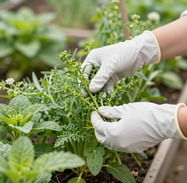 Close-up of hands gently mixing natural herbs and oils in a rustic wooden bowl.