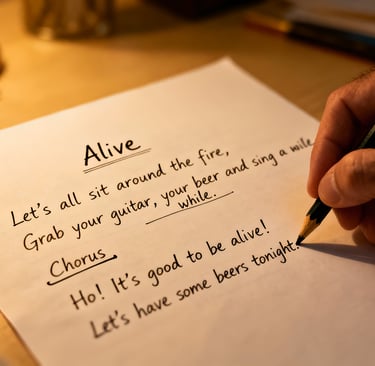 Brew writing a song on a piece of paper.