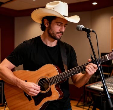 Brew playing guitar in a recording studio.