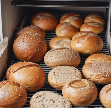 Freshly baked artisan bread loaves cooling on a wooden rack in a cozy bakery setting.
