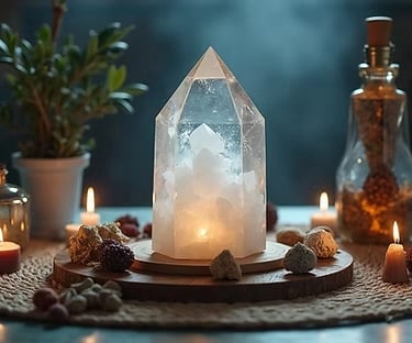 A magical altar setup with crystals and candles.