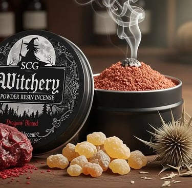 a tin of SCG Witchery's Dragon Blood powdered resin incense