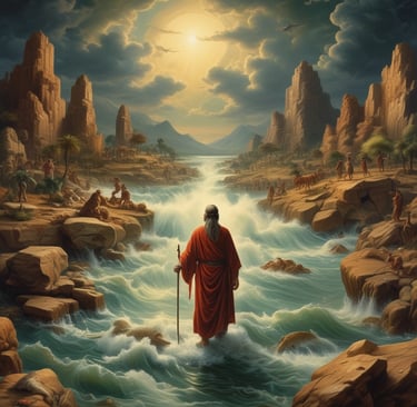 a man in a red robe is standing in a river