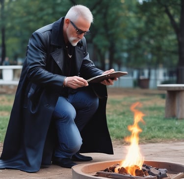 a man in a black coat and a tablet computer