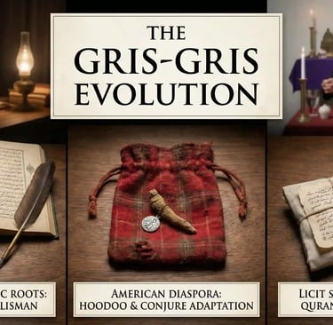 SCG Witchery guide to the Gris-Gris evolution comparing West African Islamic Marabout amulets, American Hoodoo conjure bags,