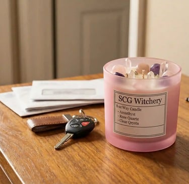 SCG Witchery soy wax candle with embedded gemstone