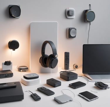 Stylish retail display featuring high-end electronics with subtle cyan accent lighting