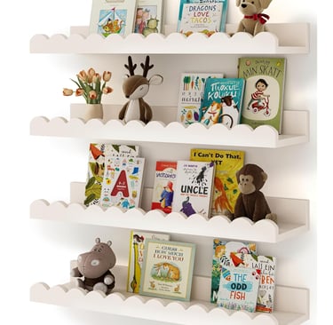 White wavy floating bookshelves in a nursery featuring children's books and stuffed animals.