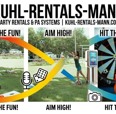 Adults and kids playing inflatable soccer darts at a community festival event  A player kicking a ve