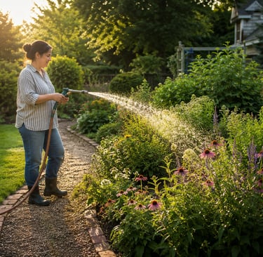 Gardener watering a flower bed in the early morning summer light