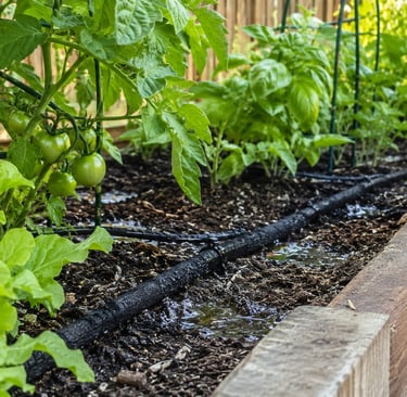 Soaker hose watering vegetables in a raised garden bed
