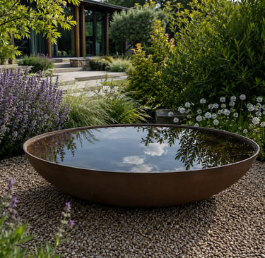 Reflective water bowl surrounded by garden plants