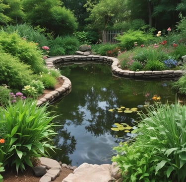 A serene backyard garden pond with stone edging, lily pads, and lush green landscaping plants.