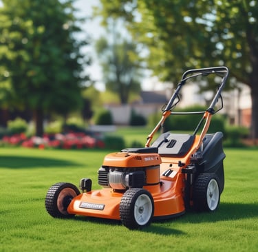 Orange gas-powered lawn mower on a lush green manicured lawn with trees in the background.