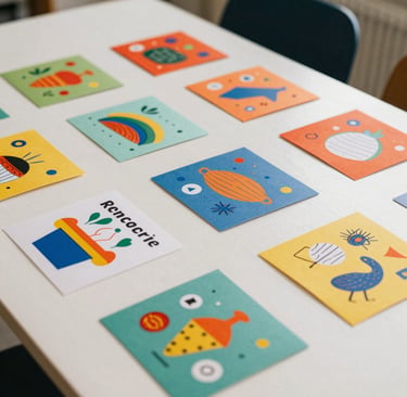 A candid, cinematic photo of vibrant printed materials spread out on a white table with colorful line illustrations overlaying the scene.