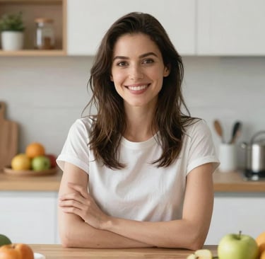 A happy customer wearing Atelier Lumina clothes walking confidently through a city street.