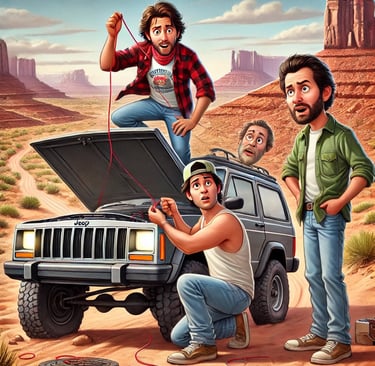 Digital art of men fixing a broken Jeep Cherokee in a desert canyon landscape with red rock formations.