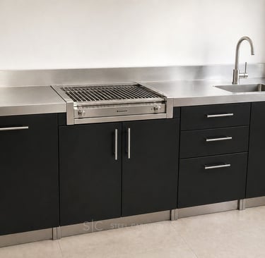 Outdoor Stainless Steel cabinetry with black powder coated doors