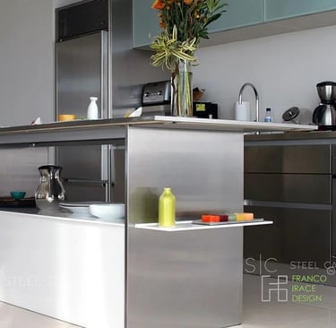 beautiful white acrylic and stainless steel island