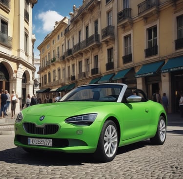A vibrant green Škoda Fabia cruising through a lively city street.