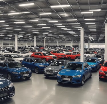 A lineup of various Škoda models gleaming under bright showroom lights.