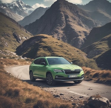 A Škoda Kodiaq navigating a rugged forest trail with autumn leaves around.