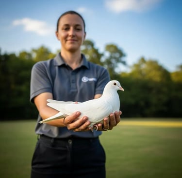 a woman holding a white dove in her hands