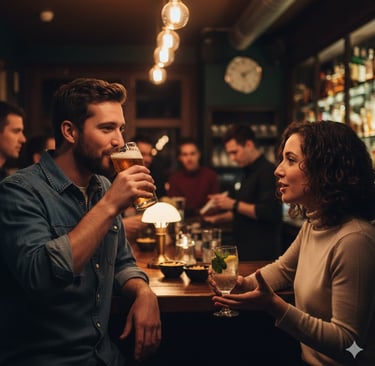 man drinking beer with female