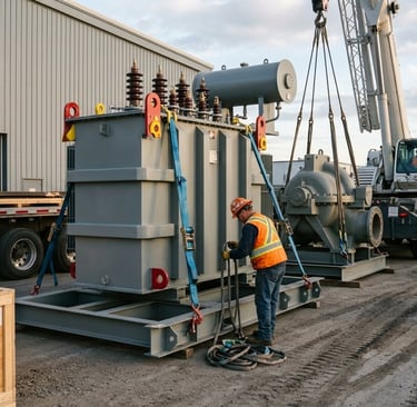 An industrial electrical power transformer secured to a heavy-duty metal transport skid with blue ti