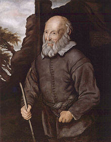 Oil painting portrait of Thomas Parr, known as Old Tom Parr, holding a walking stick outdoors.