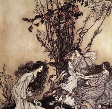 Arthur Rackham vintage illustration of fairies dancing in a field of daisies under a berry bush.