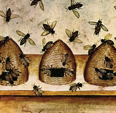 Medieval manuscript illustration of honeybees swarming around three traditional straw skep beehives.