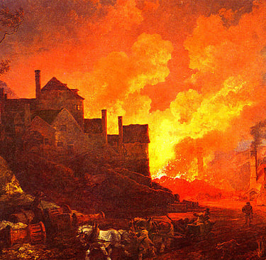 Oil painting of Coalbrookdale by Night depicting glowing blast furnaces during the Industrial Revolution.