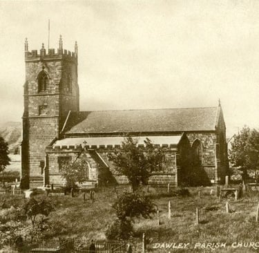 Vintage postcard of Dawley Parish Church, a stone historic landmark with a graveyard in Shropshire.